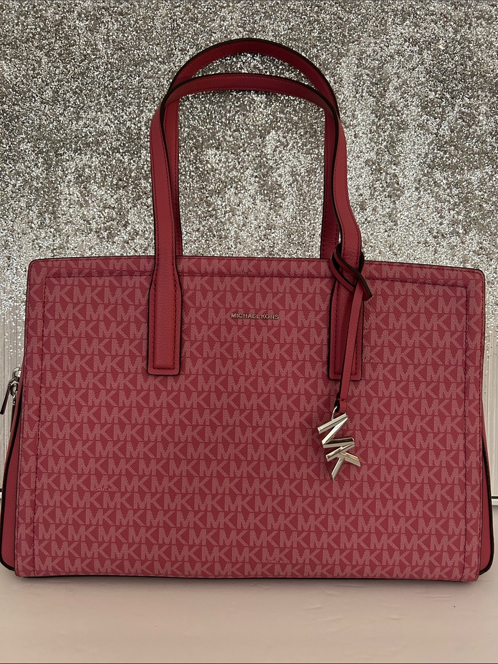 Michael Kors Rosewood Monogram Tote silver accents with MK Charm.